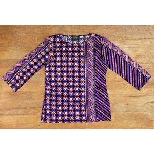 Bob Mackie Top Size XS Mixed Print Stretch Knit Shirt 3/4 Sleeves Floral